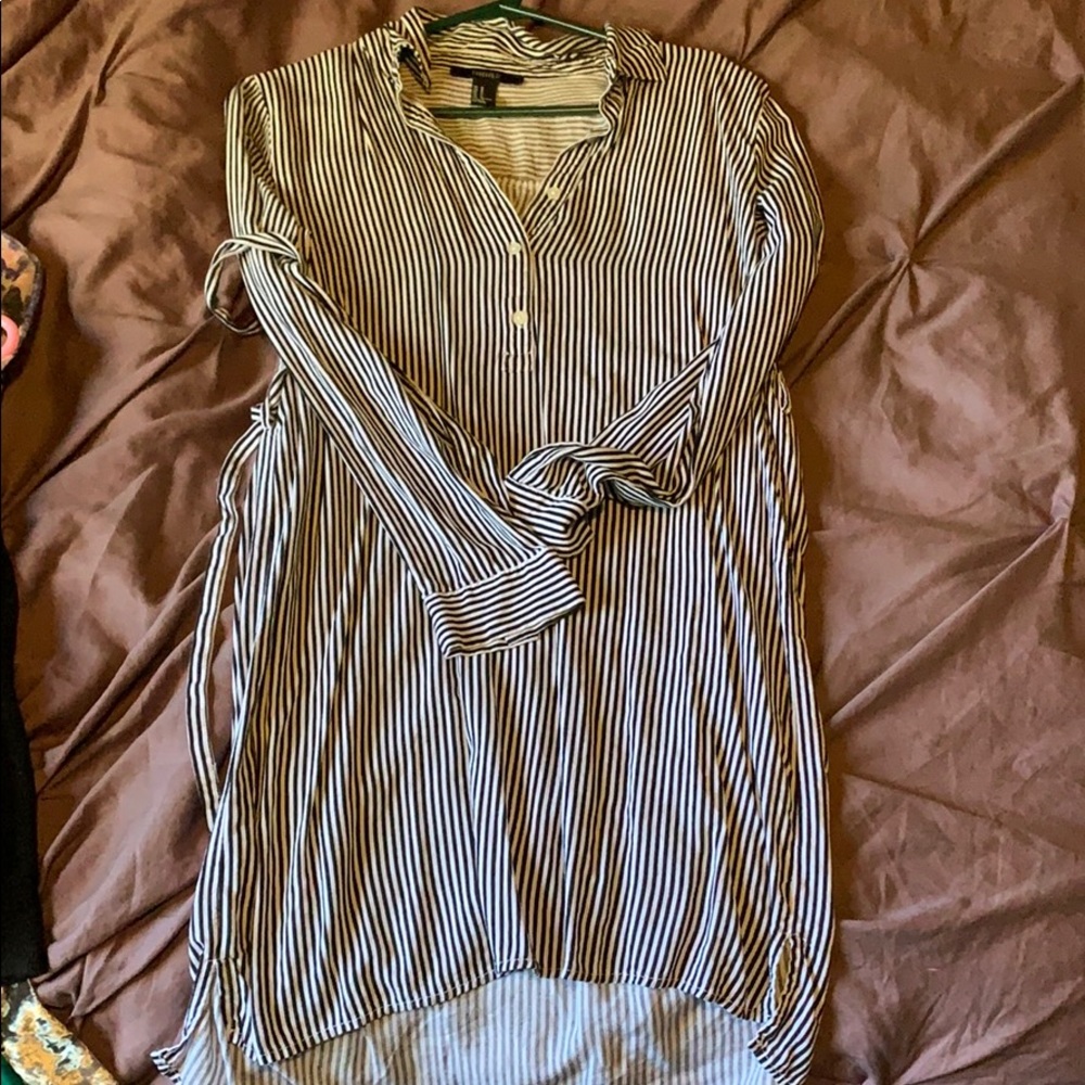 White and black pinstripe tie-waist dress